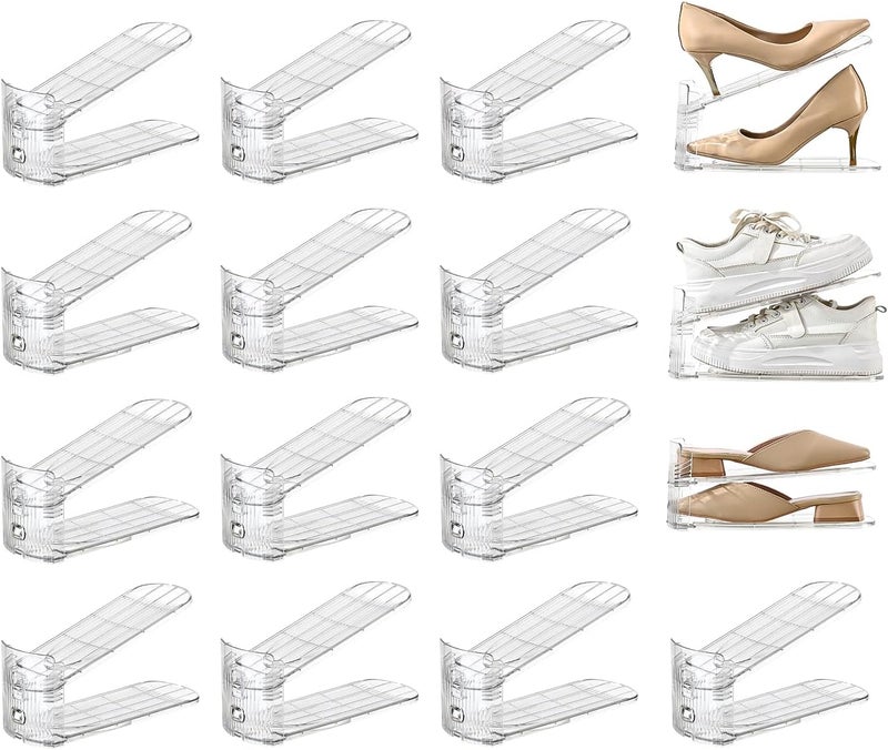 Uni HIMO shoe slots organizer, Clear Shoe Stacker, Adjustable Level Shoe Rack,Storage Space Saver for Sneakers Display (Transparent, 16Pack) - Image 1
